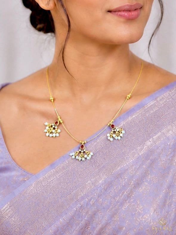 Gold Wire Triple Charm Necklace with Aqua Beads & Ruby Accents - S1005