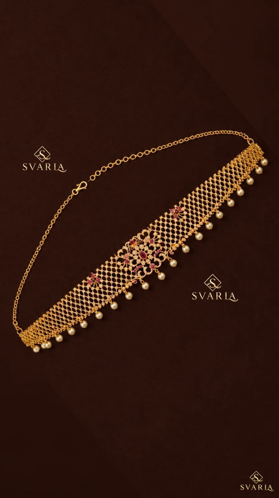 Gold Mesh Floral Vaddanam Hip Chain Belt with Pearl Drops -S5002