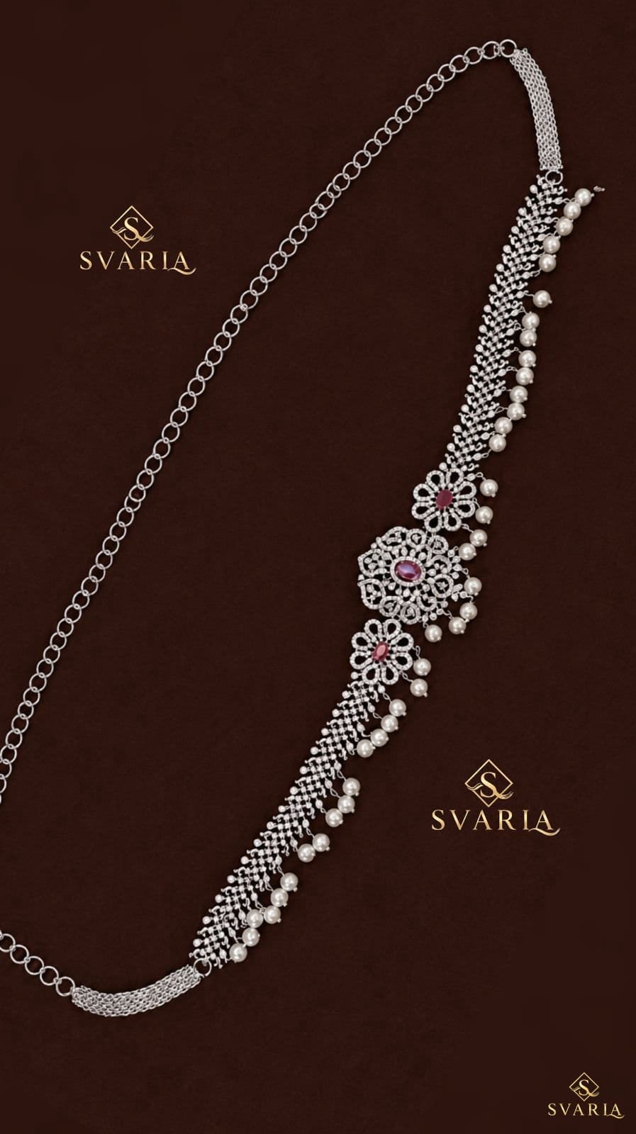 Diamond Ruby Floral Vaddanam Hip Chain Belt with Pearl Drops - S5001
