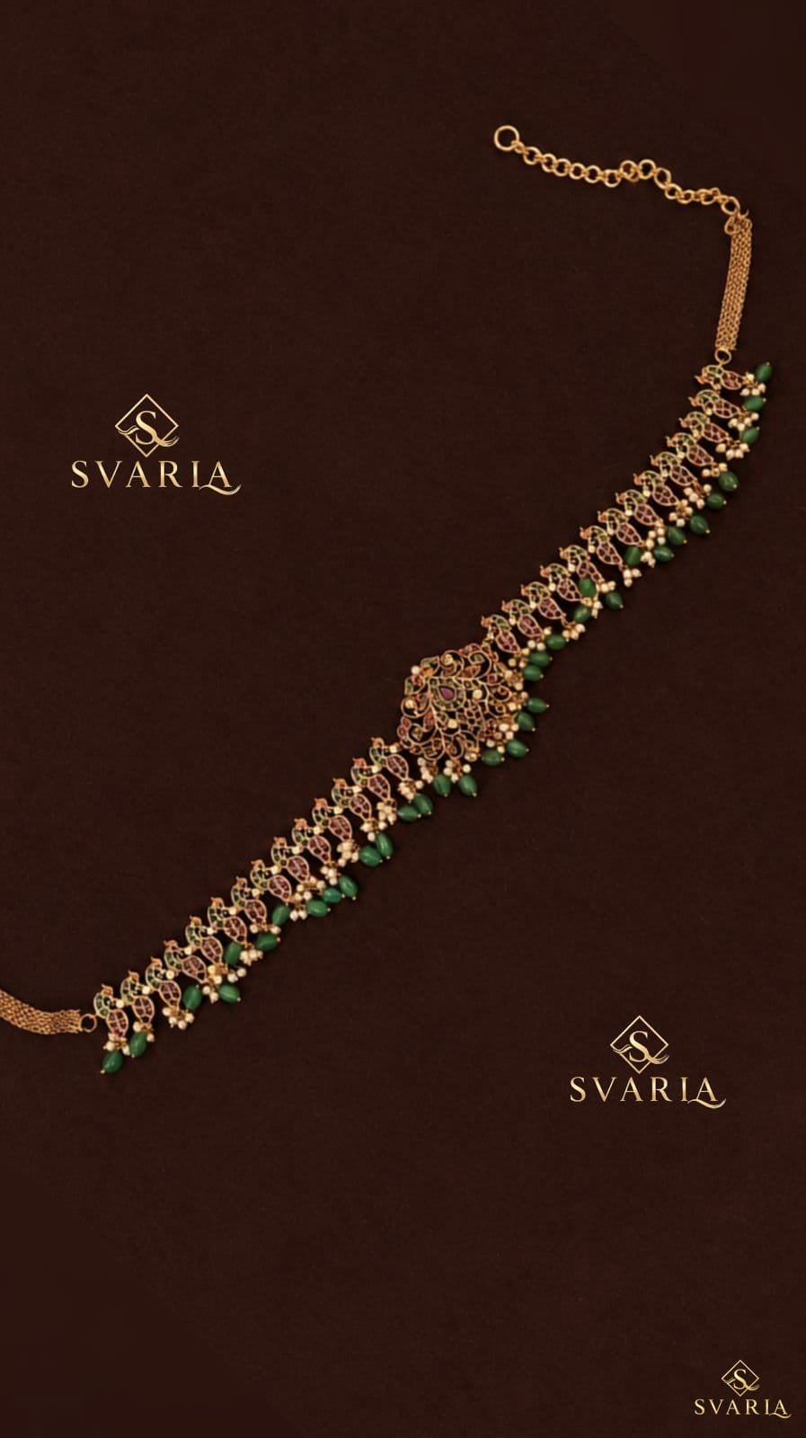 Peacock Kemp Vaddanam Hip Chain Belt with Emerald Drops - S5003