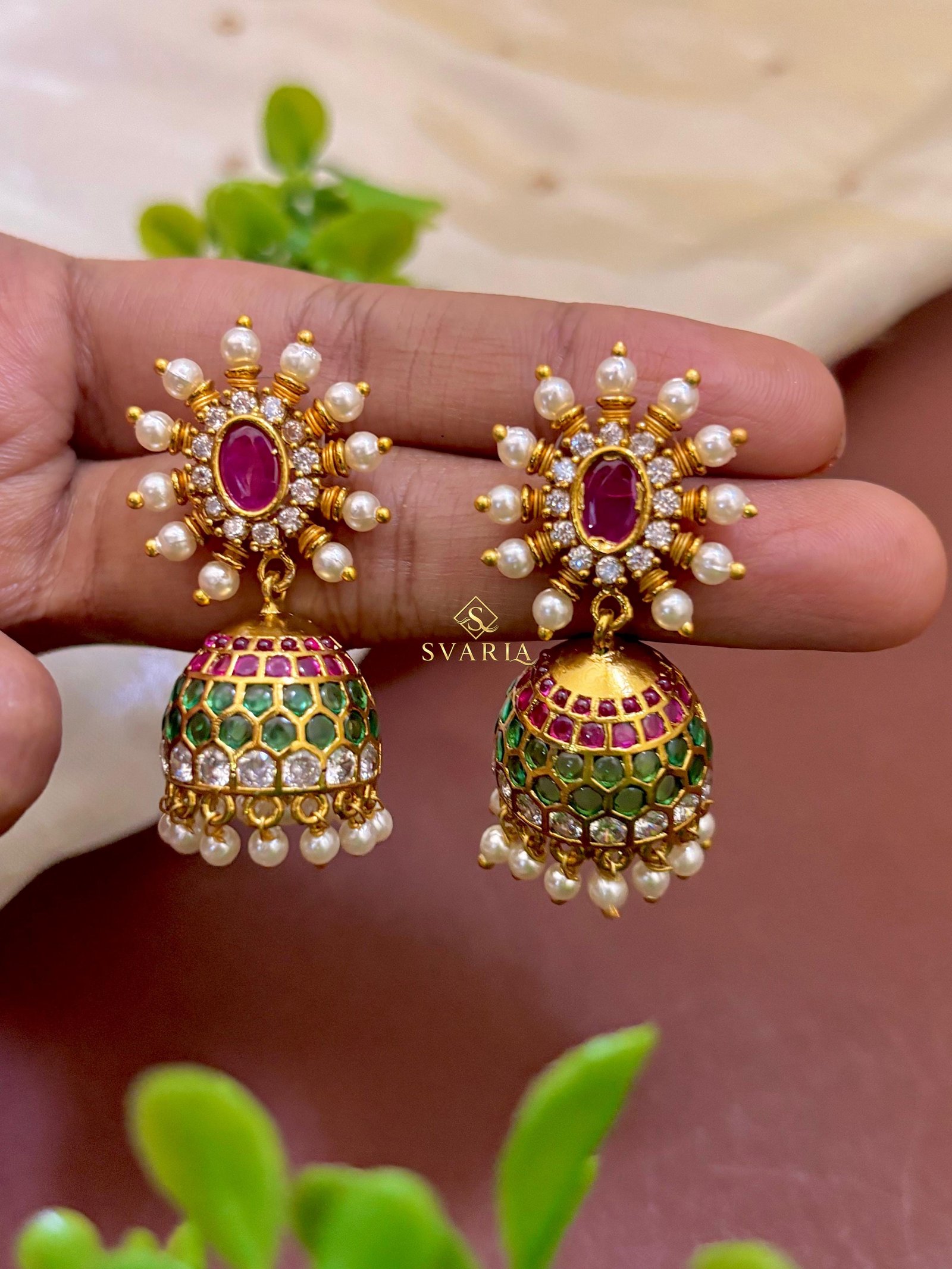 Ruby Emerald Jhumka Earrings - S3005