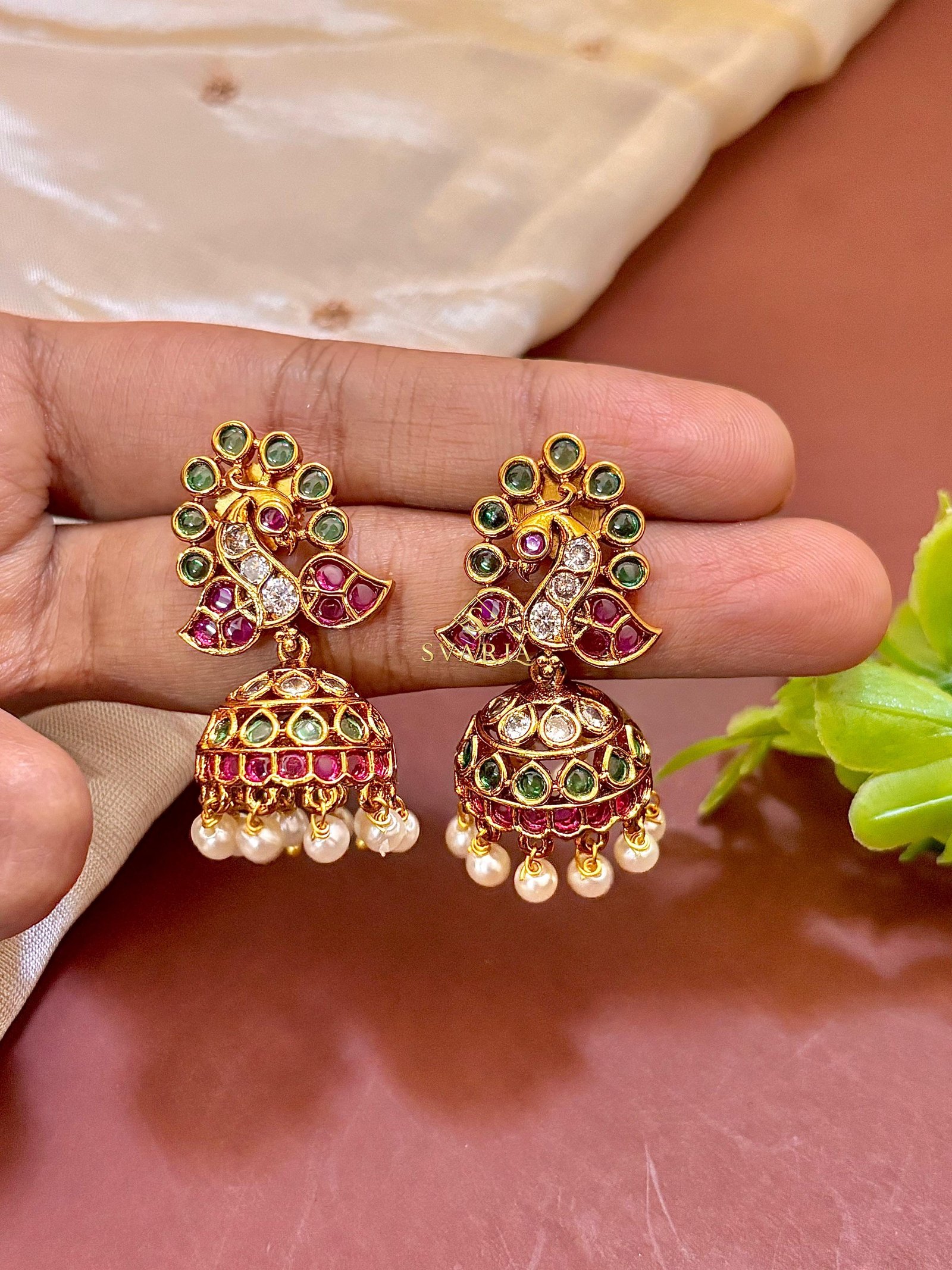 Peacock Polki Jhumka Earrings - S3004