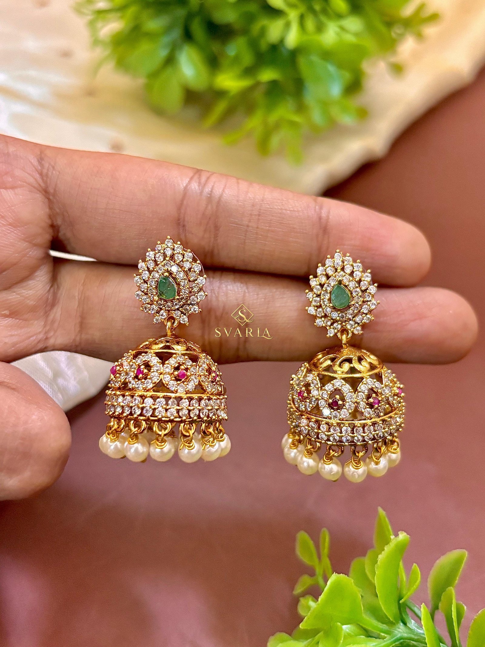 Diamond Emerald Jhumka Earrings - S3008