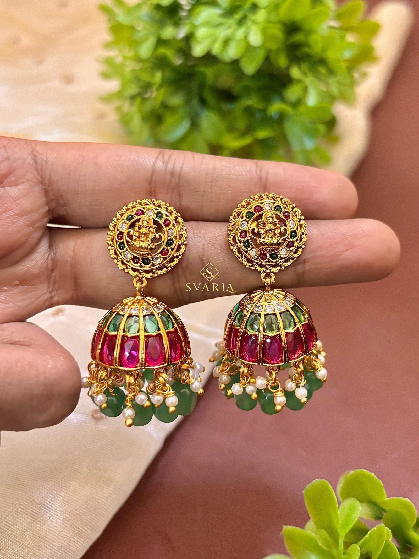 Lakshmi Temple Ruby Emerald Jhumka Earrings - S3006