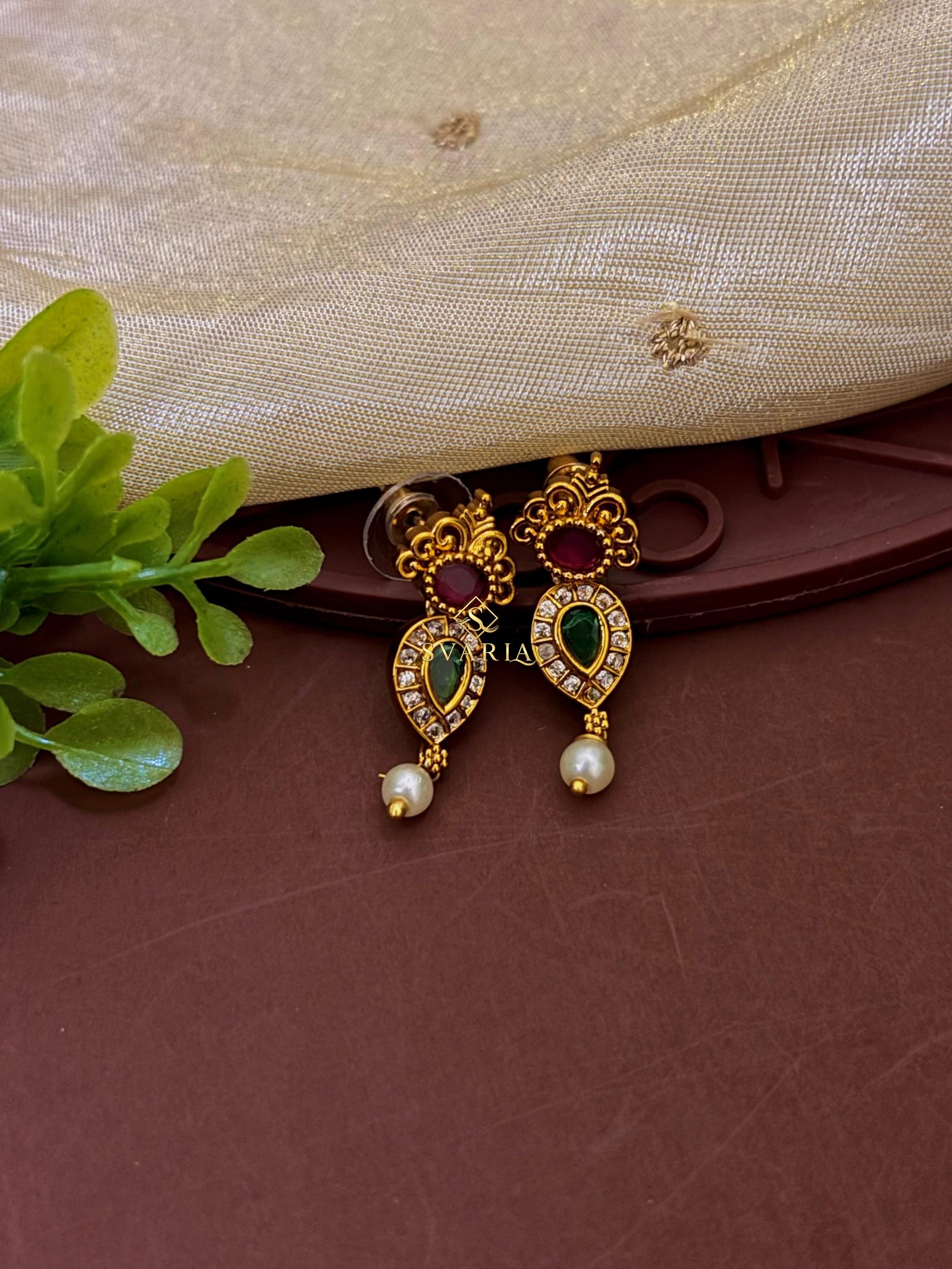 Ruby Emerald Mango Motif Long Haram with Earrings - S2007