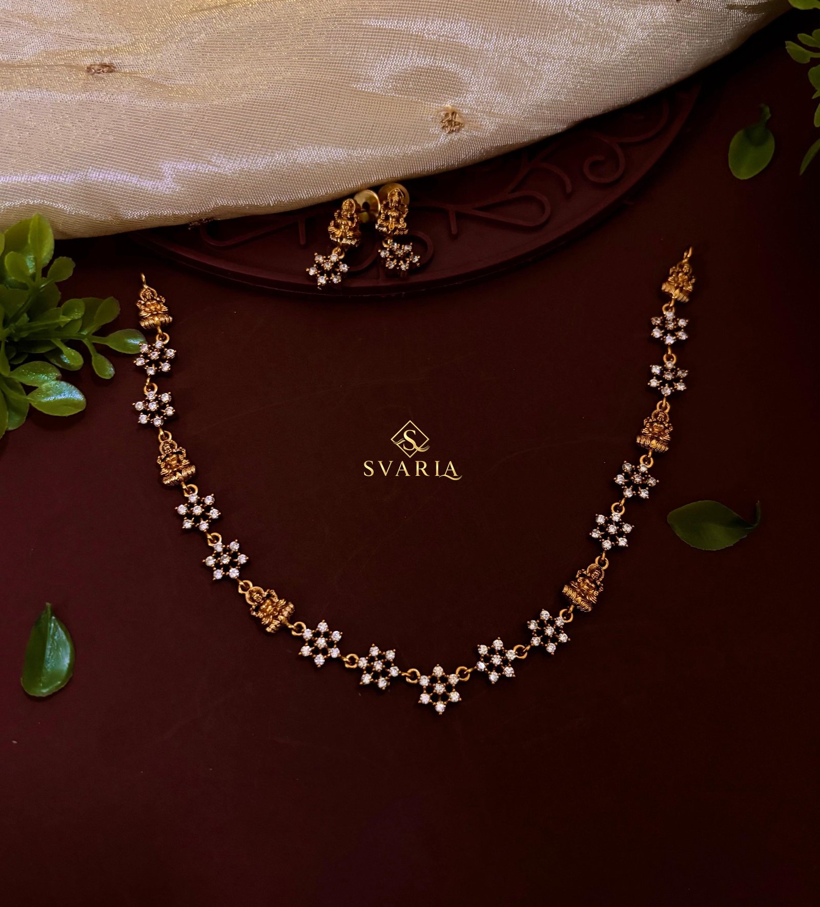 Lakshmi Temple Diamond Floral Necklace with Jhumka Earrings - S1014