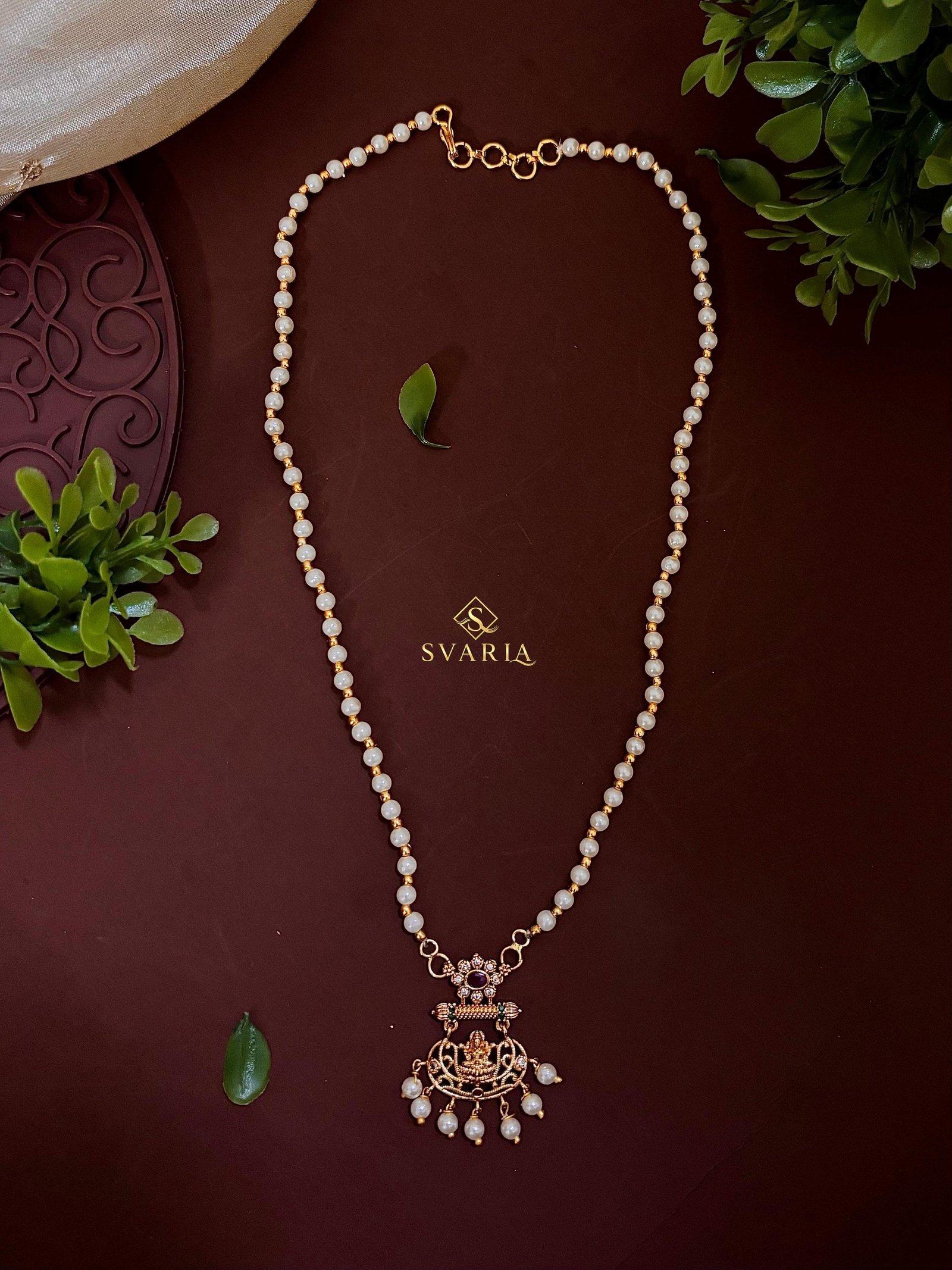 Single Strand Pearl Chain Necklace with Lakshmi Temple Pendant - S1012