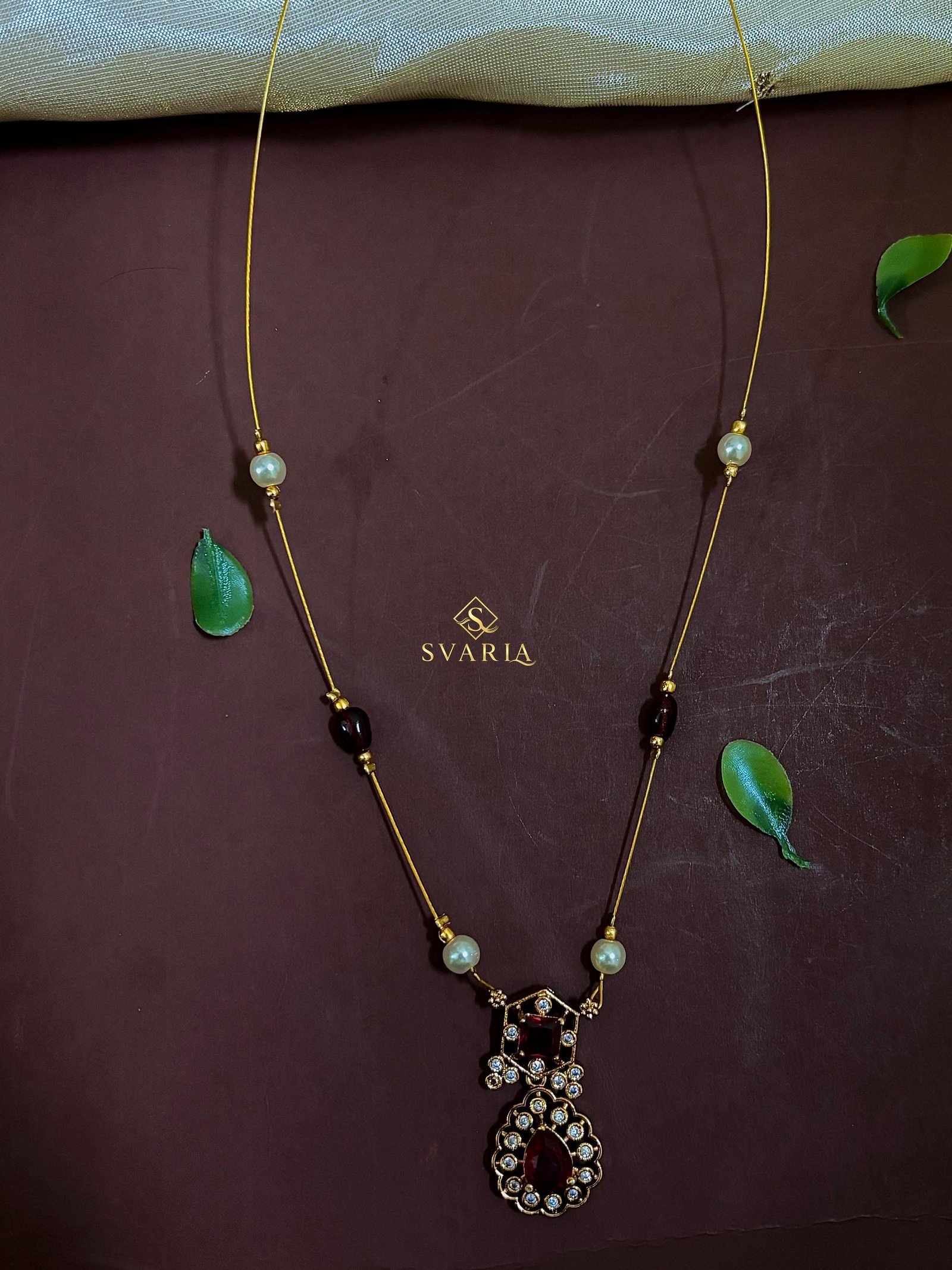 Gold Wire Ruby Diamond Floral Pendant Necklace with Pearl Accents - S1004