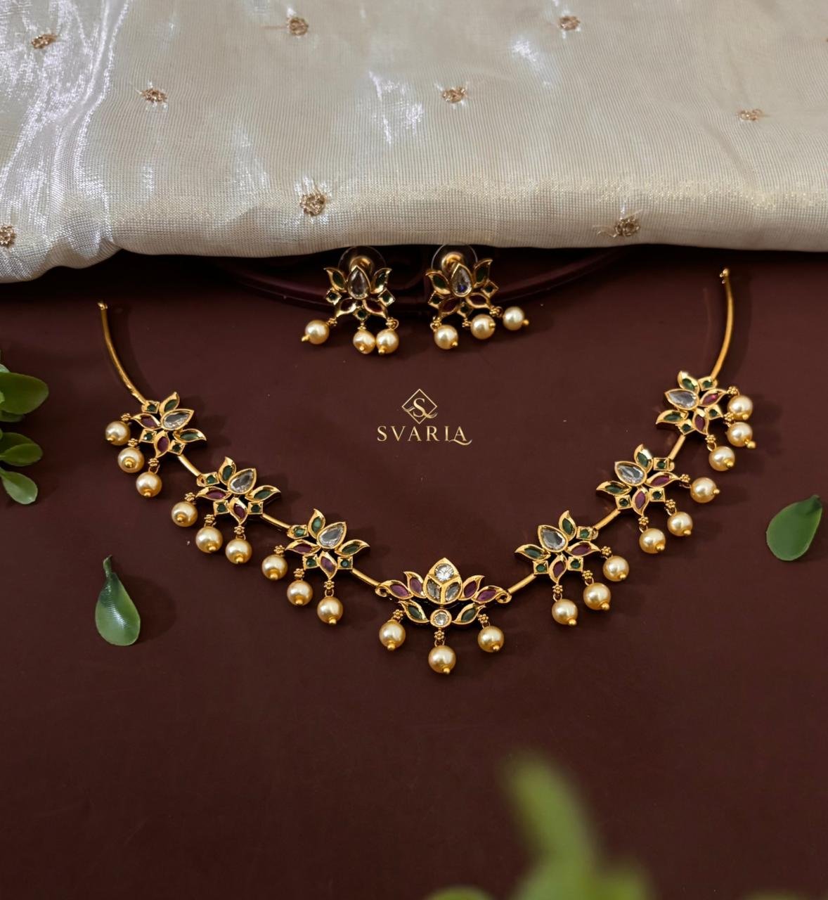 Polki Lotus Choker Set with Pearl Drops & Earrings – S1025
