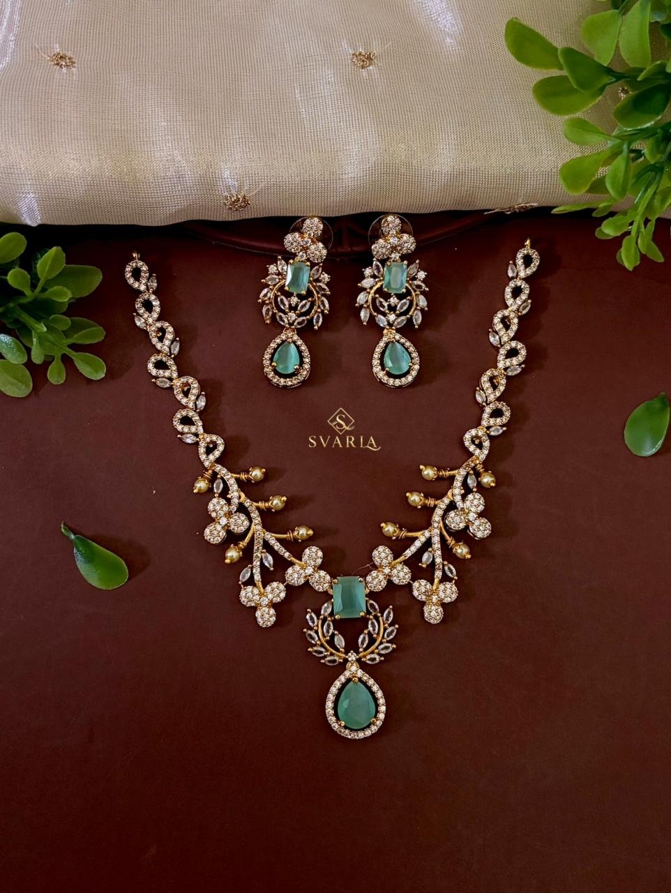 Teal Emerald CZ Floral Necklace Set with Drop Earrings – S1031