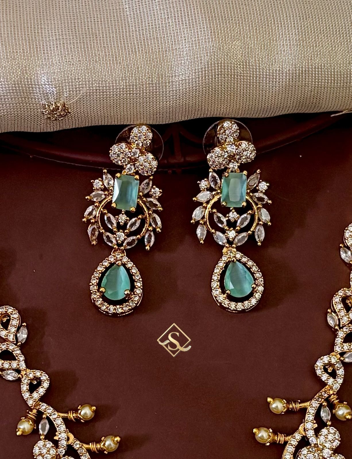 Teal Emerald CZ Floral Necklace Set with Drop Earrings – S1031