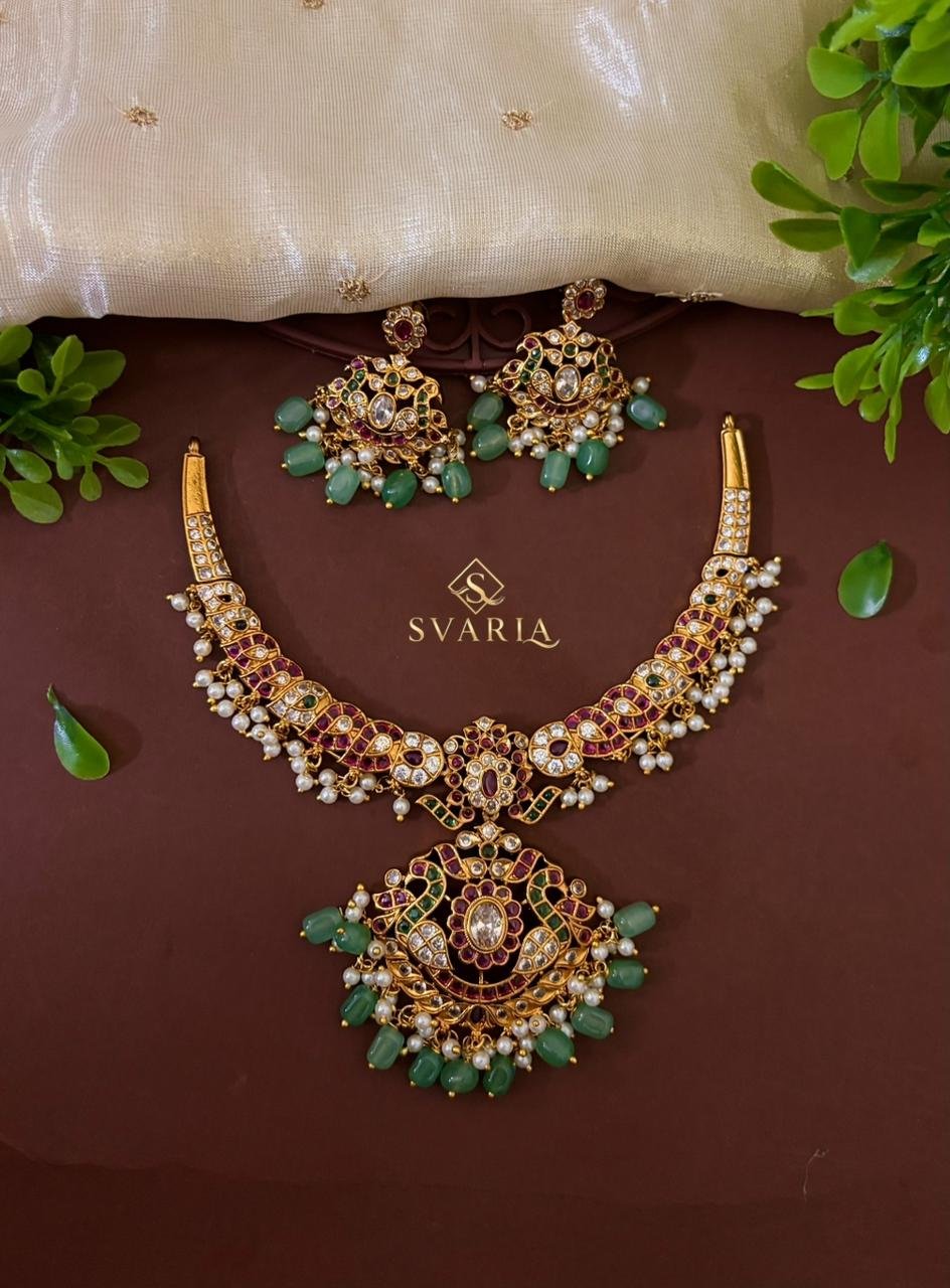 Polki Kemp Jadau Choker with Peacock Pendant & Chandbali Earrings – S1042