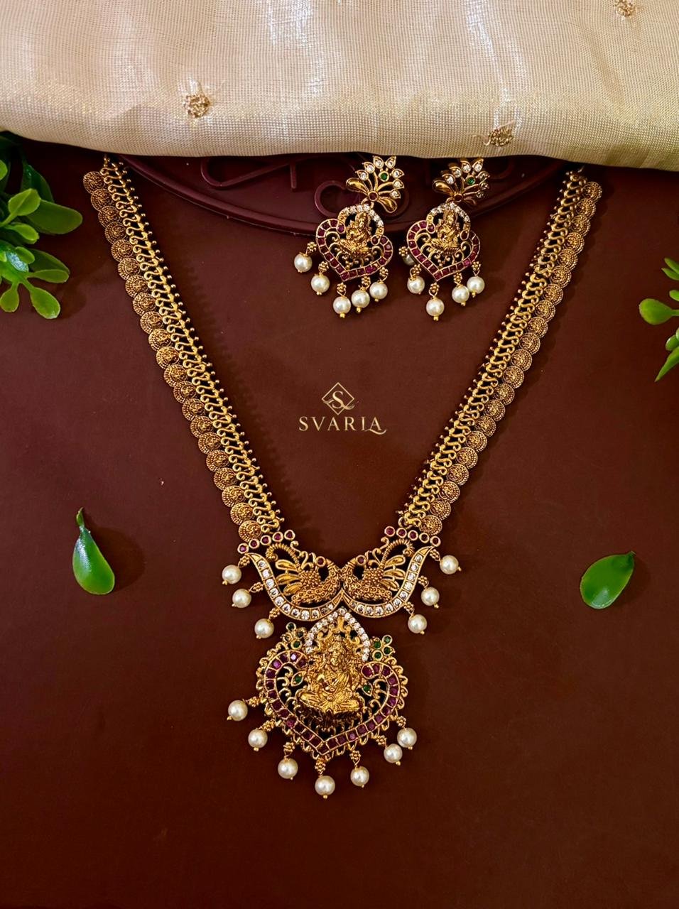 Lakshmi Temple Long Haaram with Kemp Heart Pendant & Earrings – S1027