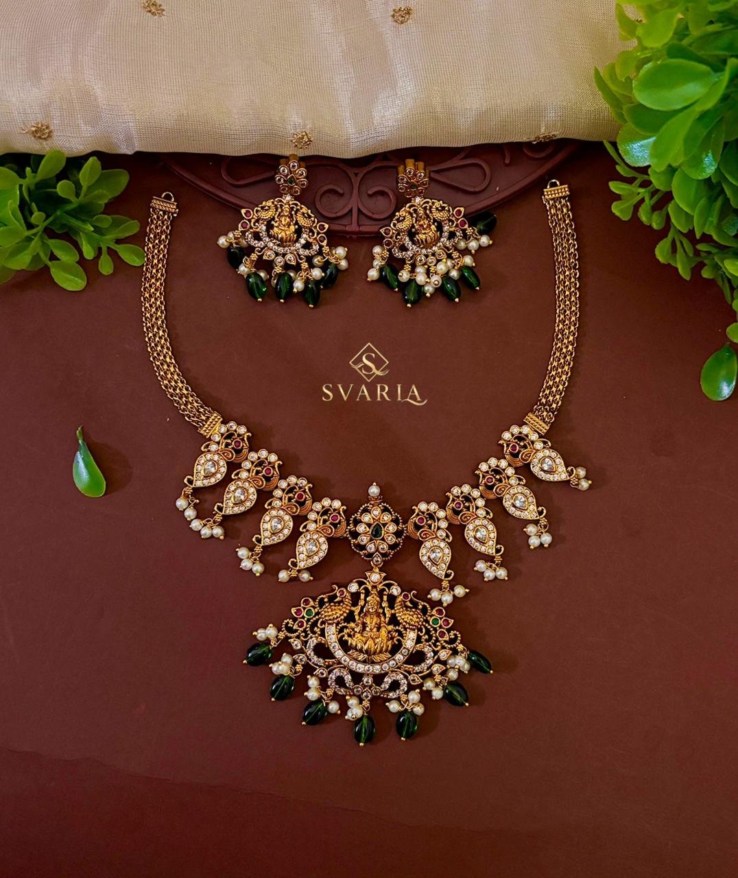 Lakshmi Temple Necklace with Mango Motifs & Green Bead Drops – S1022